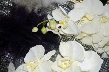 Orchidées blanches artificielles et plumes mauves et blanches sur fond doré et argenté
