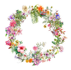 Bouquet of multicolored flowers watercolor painting on Circle white background