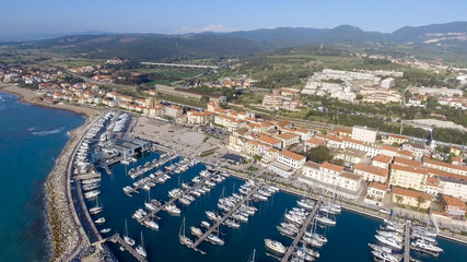 Fototapeta premium Aerial view of San Vicenzo in Tuscany. Port and city skyline