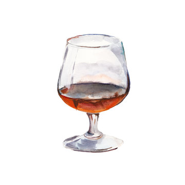 The cognac glass isolated on a white background, a watercolor illustration in hand-drawn style.
