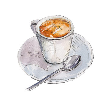 The coffee cup isolated on white background, watercolor illustration in hand-drawn style.