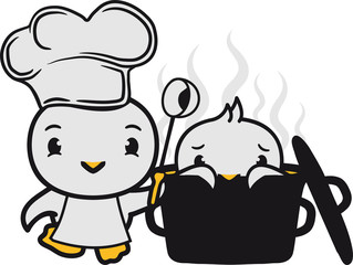 kannibale kannibalismus menschenfresser horror halloween böse topf küche essen lecker hunger gekocht chef koch suppe hühner hühnchen küken süß niedlich klein baby kind ente vogel comic cartoon