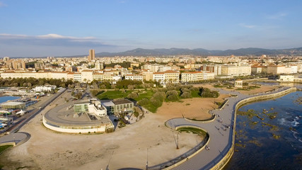 Beautiful sunset aerial view of Leghorn coast along Mascagni Terrace, Italy