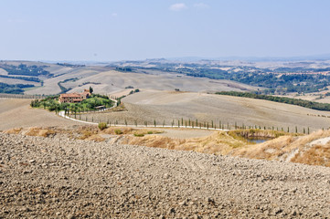 Autumn ploughed fields around a dirt road lined with cypress trees leading to a farm in Crete Senesi, Tuscany, Italy