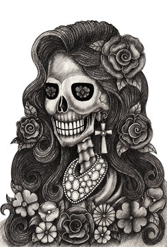 Art women skull day of the dead.
Art design skull hand pencil drawing on paper.