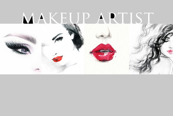 Collage. Make up. Beautiful woman. Fashion illustration. 