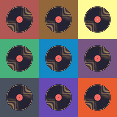 Vinyl records with colorful labels on colorful background.