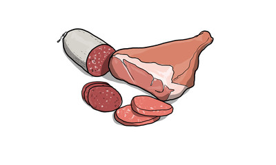 Illustrazione di carne, salame e prosciutto
