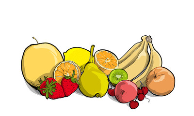 Illustrazione di frutta come banane, mele, fragole, pere