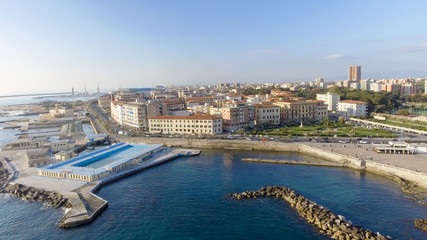 Fototapeta premium Aerial view of Leghorn coast at sunset, Tuscany
