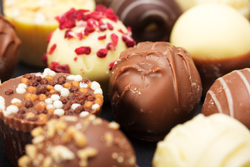 Close up of a selection of delicious chocolates
