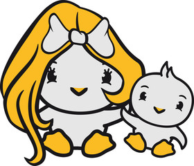 junge mama familie mädchen girl frau weiblich hübsch schleife schön haare süß niedlich klein baby kind ente vogel comic cartoon