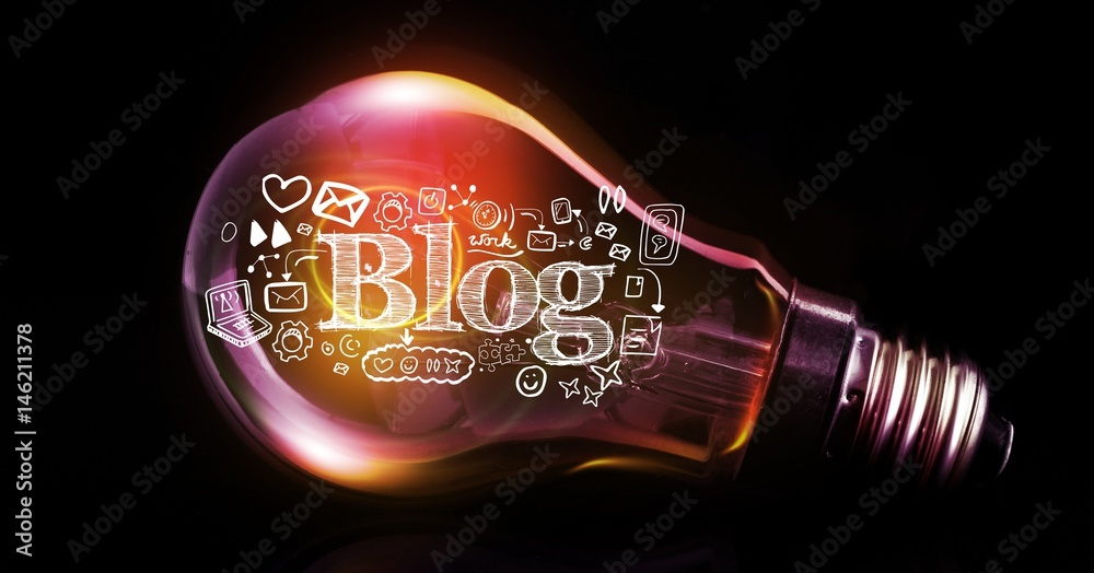Poster digital composite image of blog text with icons in light bulb