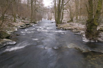 Cold winter landscape of the Houille river in the Belgian Ardennes