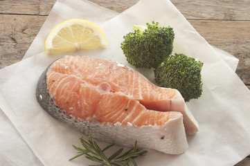 salmon raw. salmon red fish steak with herbs and lemon isolated on a white background
