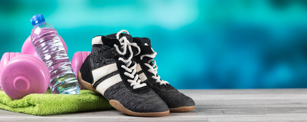 Fitness equipment on blurred background