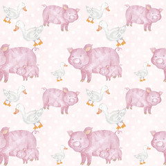 Pig Farm Animals Watercolor Duck IllustrationsSeamless Pattern Background Texture Wallpaper Scrapbook