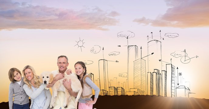 Digital composite image of family with dog against drawn city