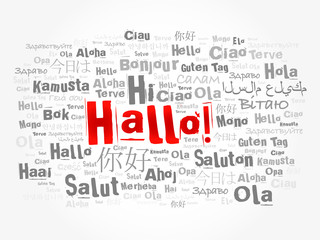 Hallo (Hello Greeting in German) word cloud in different languages of the world, background concept