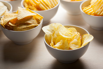 Potato chips in bowl on a table