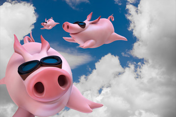 Funny sky diving flying piggies 3d illustration