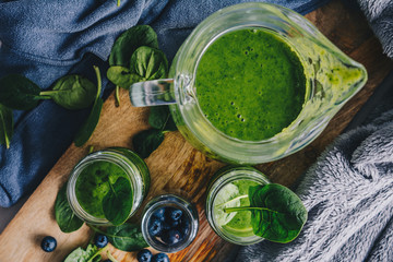 Green smoothie with spinach, mango, banana and kale - obrazy, fototapety, plakaty