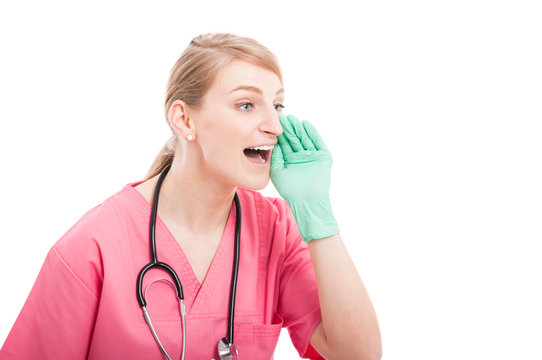 Female Medical Nurse Wearing Scrubs Yelling Out Loud