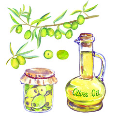 Organic farming products: Olive branches, Olive Oil bottle with inscription and jar of homemade pickled olives, isolated hand painted watercolor illustration