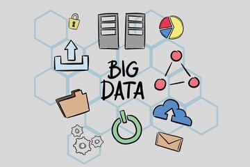 Digital composite image of big data text surrounded by icons