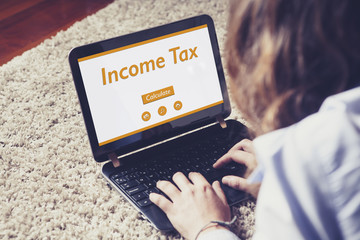 Income tax declaration in a laptop screen. Woman using a laptop computer for income tax calculation.