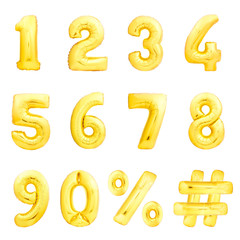 Golden numbers set, hashtag, percent sing made of golden inflatable balloons