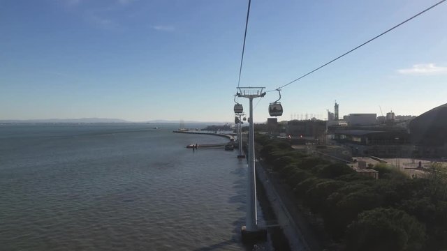 Aerial Lift Ride Over Tagus River In Lisbon Time Lapse POV. The Nations Park Gondola Lift is a means of aerial transportation by cable located in Lisbon, Portugal