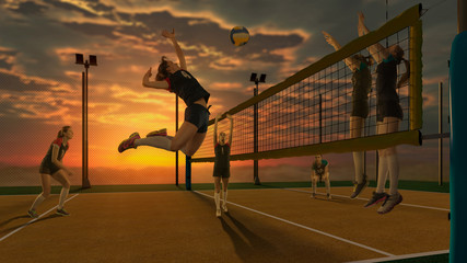 Female volleyball players playing on sunset background