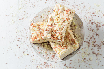 Tasty cake with white chocolate and meringue