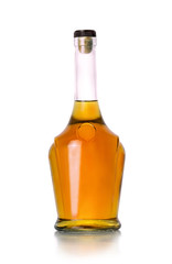 Closed bottle of cognac on white background