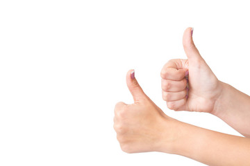 Close up of two female caucasian adult hands isolated on white background. Young woman shows both hands with thumbs up as sign of success. Horizontal color image