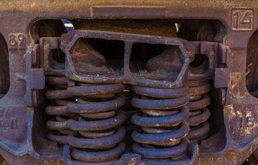Close-up of rusted springs on freight train boxcar, Sterling, Colorado