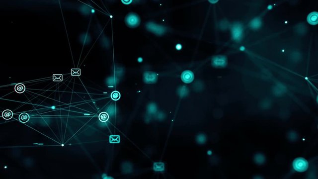 CGI animation with plexus effect of digital space with messaging icons connected by strings, then word communication appearing on screen