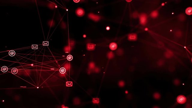 CGI animation with zoom out effect of red word communication appearing in dark digital space with flickering messaging icons and dots 