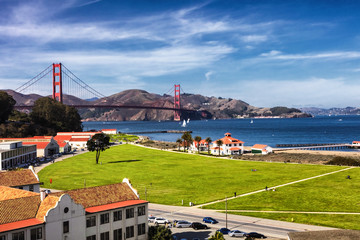 Golden Gate Bridge in San Fracisco City and Crissy Field - Powered by Adobe