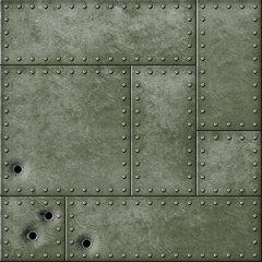 military metal plate and bullet holes 3d illustration