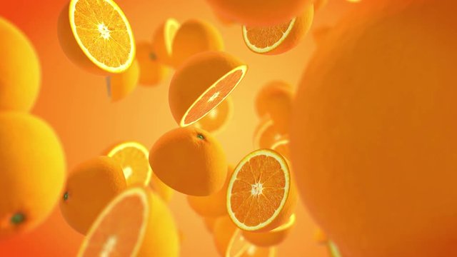 CGI 3D animation of cut juicy oranges floating against orange background 