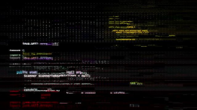 CGI animation of computer code and binary data appearing in dark digital space 