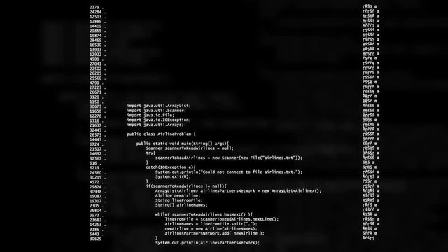 CGI animation of hacking attempt: binary data and computer code running down screen