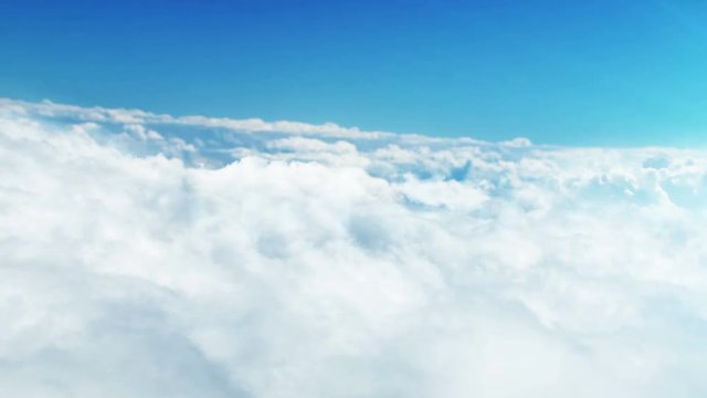 CGI animation of flying through white clouds in blue sky