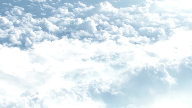 CGI 3D animation of flying through big white clouds high in sky