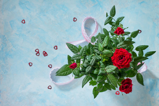 Background wedding, mother's day or birthday. Beautiful fresh red rose flowers on a blue concrete background. Top view.