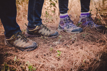 Close-up of legs of  hikers standing on the forset.