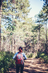 Fototapeta premium Young girl walking in pine forset for go to target.