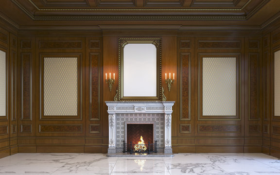 A classic interior with wood paneling and fireplace. 3d rendering.